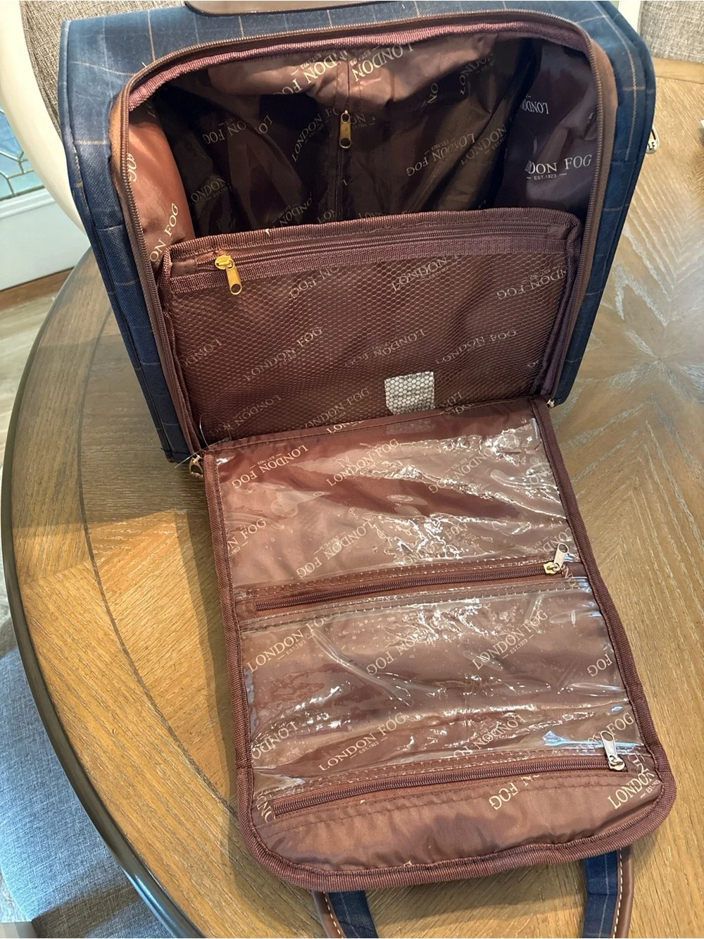 London Fog Navy Plaid Rolling Carry-On Brief